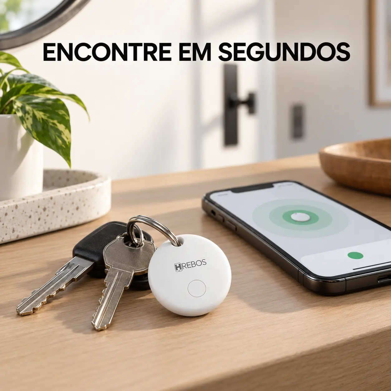 Tag Localizador Smart presa em um molho de chaves sobre um aparador de madeira
