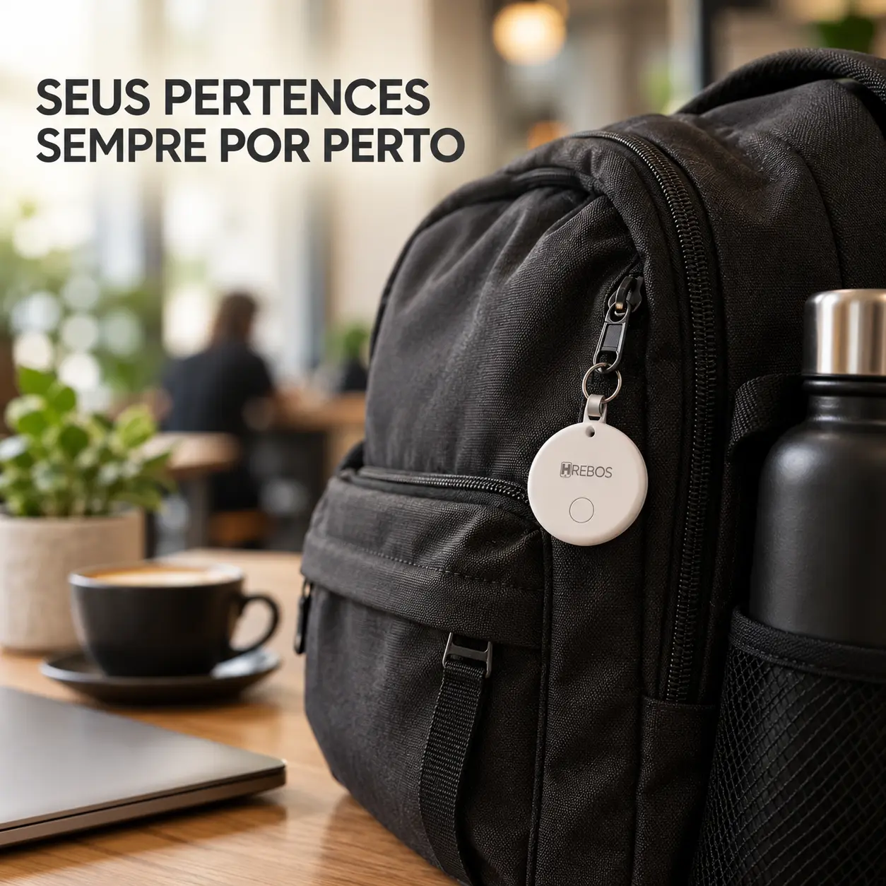 Tag Localizador Smart presa ao zíper de uma mochila preta sobre uma mesa