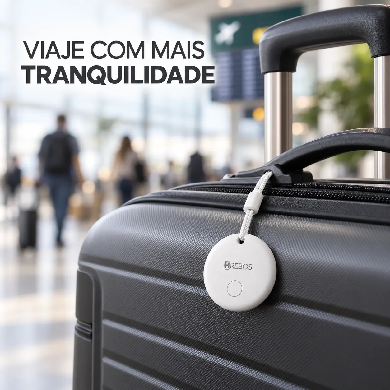 Tag Localizador Smart presa à alça de uma mala de viagem em um aeroporto