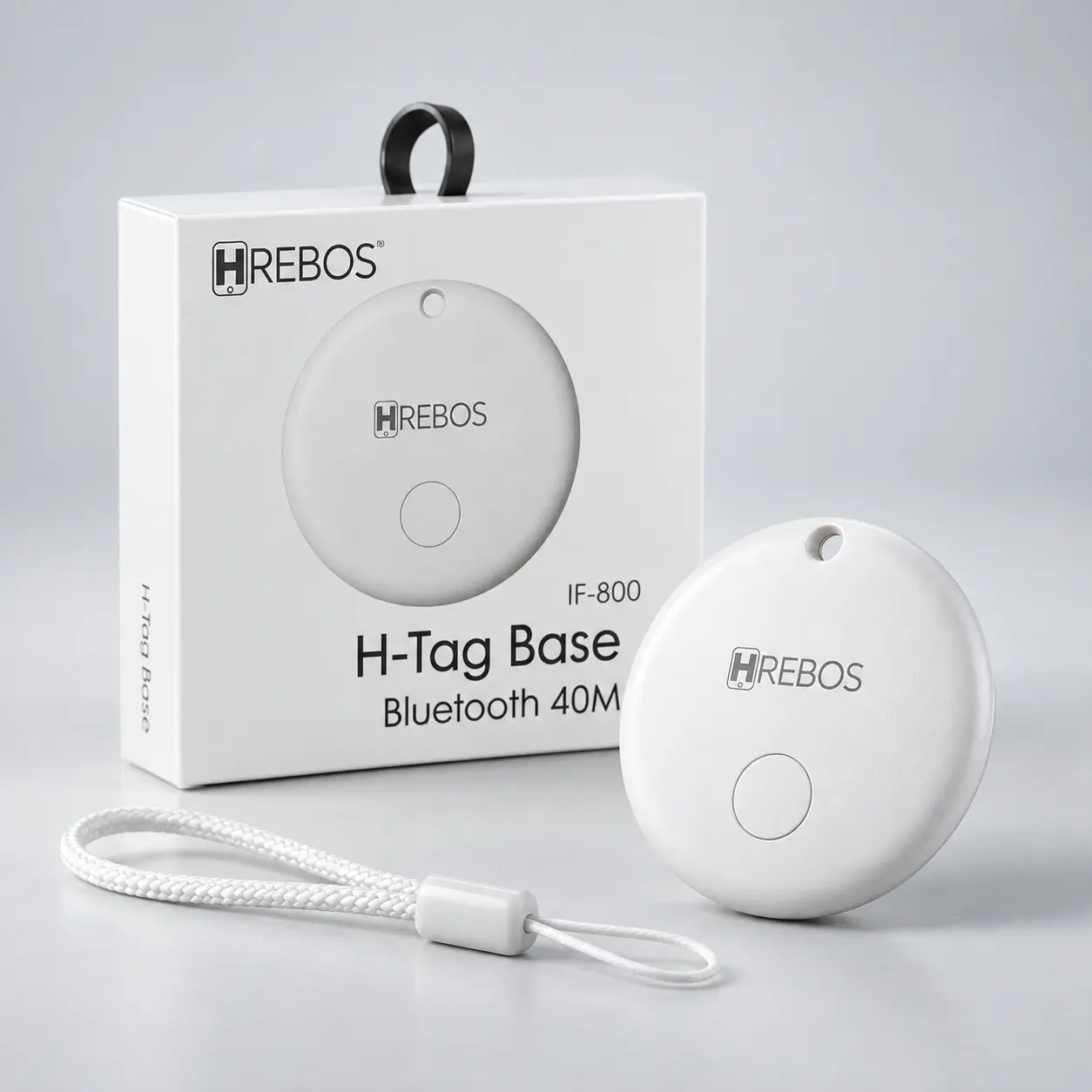 Tag Localizador Smart branca ao lado da embalagem H-Tag Base IF-800 e do cordão de fixação